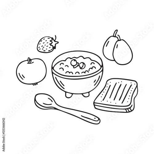 A breakfast spread featuring oatmeal, fruit, and toast