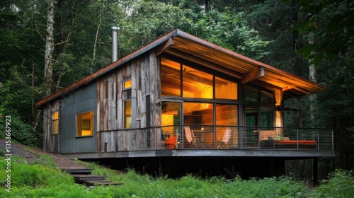 Modern cabin nestled in a lush green forest with reclaimed wood exterior design
