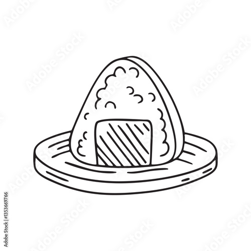 A single onigiri with a seaweed strip on a wooden plate