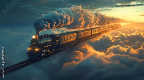 Vintage steam train traversing a dreamy landscape above the clouds at sunset
