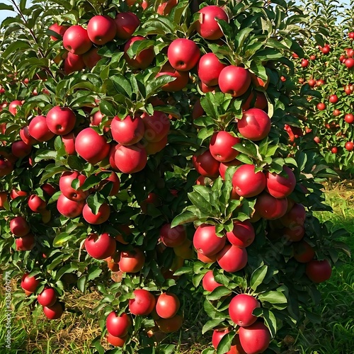 An apple orchard with ripe red apples hanging from the trees, ready for harvest.