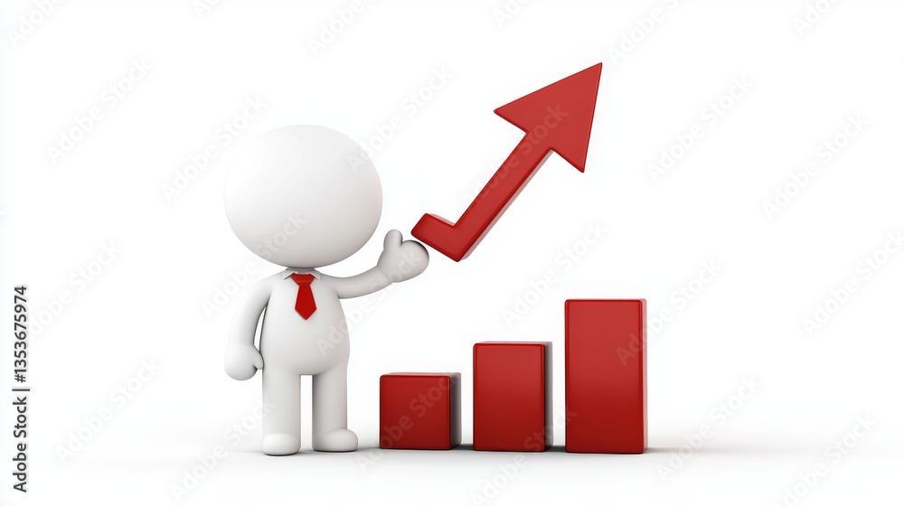 Successful Business Growth 3D Character with Increasing Bar Graph and Upward Arrow Successful Business Growth 3D Character with Increasing Bar Graph and Upward Arrow