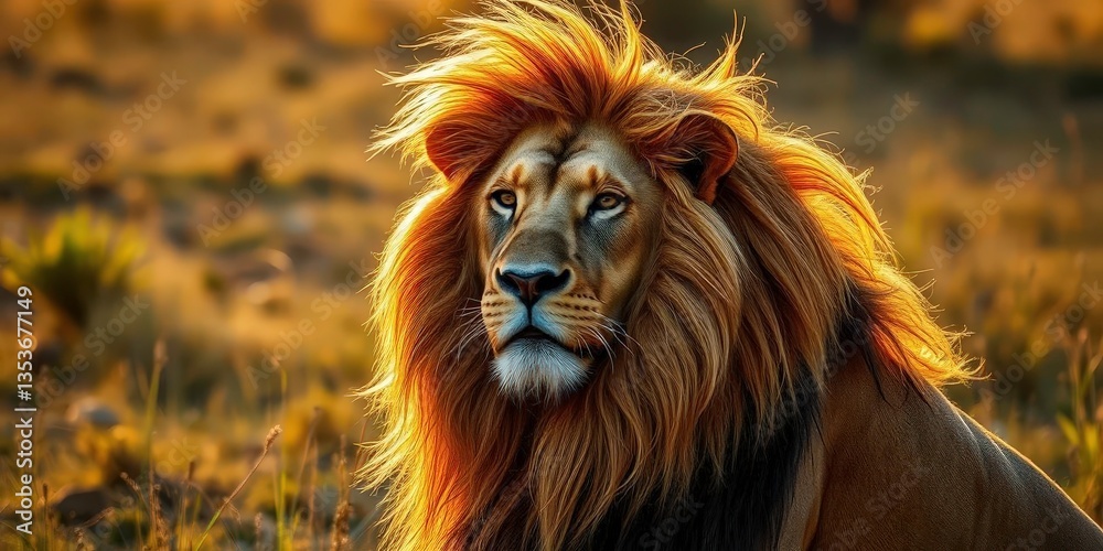 Naklejka premium Majestic lion with flowing golden mane, sunlit savanna setting, wildlife photography, wild cat