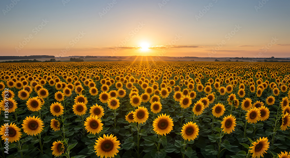 Fototapeta premium Picturesque Sunflower Field Under a Warm Sunset Glow