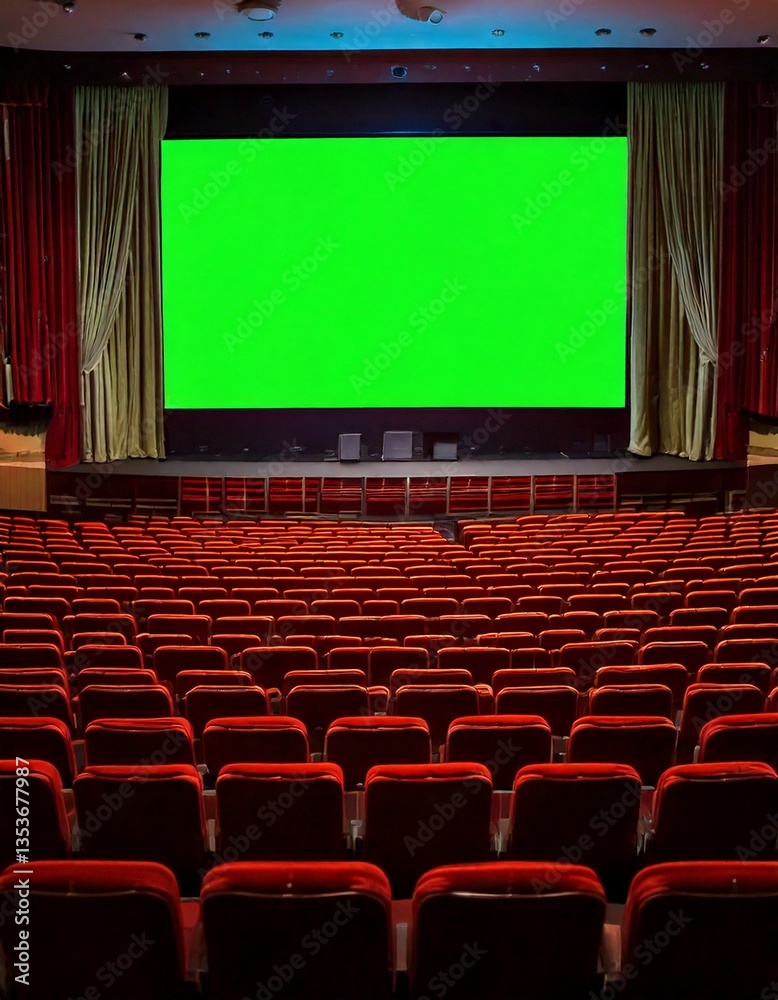 Fototapeta premium Modern Auditorium with Red Theater Chairs and a Massive Green Screen Backdrop 