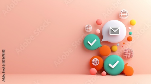 Abstract 3D pastel colored spheres email checkmarks communication concept