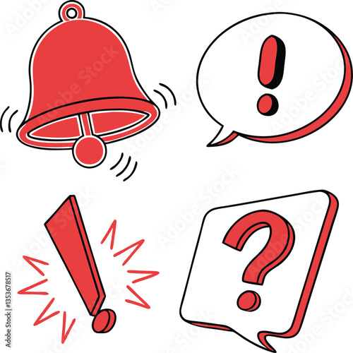 3D New important message icon set with bell, speech bubble, question and exclamation marks. Red danger notice. Reminder or notification. Cartoon design icons isolated on white. 3D Vector illustration