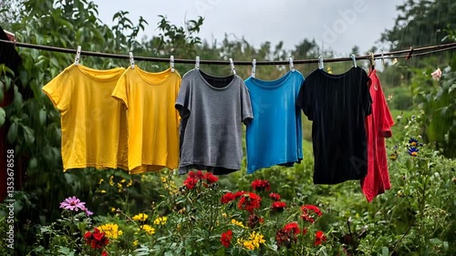 Wallpaper Mural Colorful clothes drying on clothesline in garden Torontodigital.ca