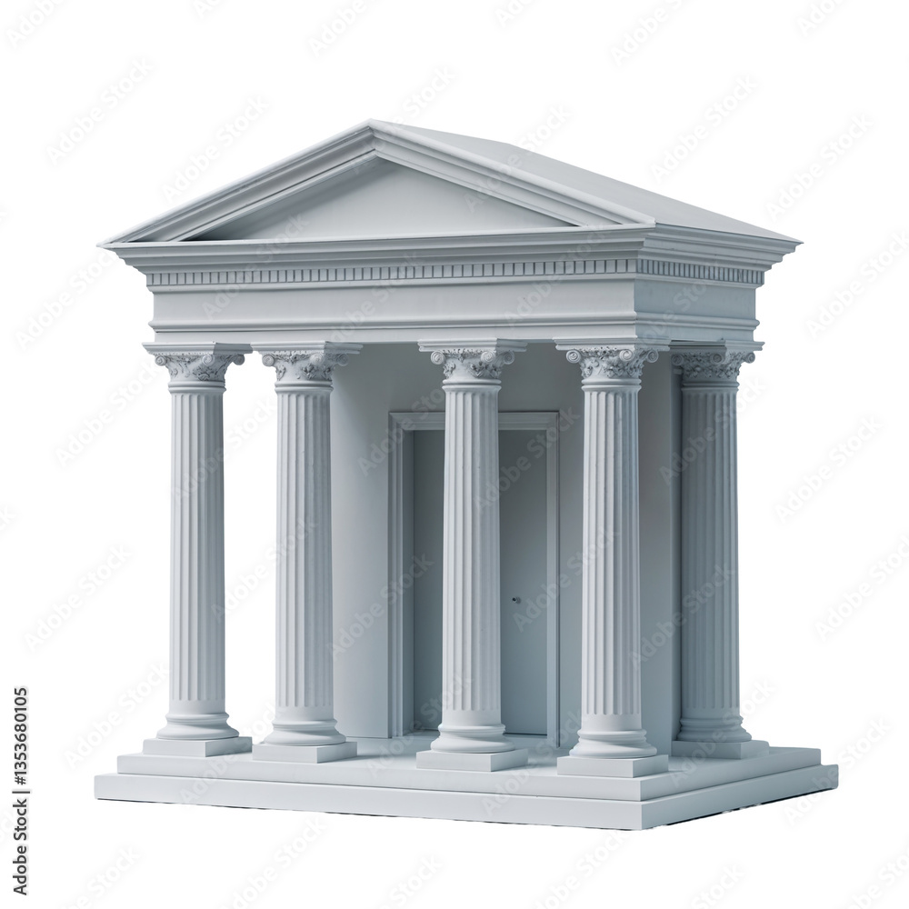 Classical Greek temple with white marble Ionic columns and triangular pediment, detailed 3D architectural model isolated on a transparent background Classical Greek temple with white marble Ionic columns and triangular pediment, detailed 3D architectural model isolated on a transparent background
