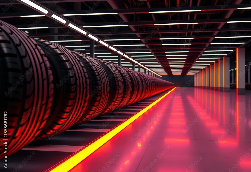 Fototapeta premium Rows of high-performance tires on a modern production line, warm LED lighting, clean background, clean, close-up
