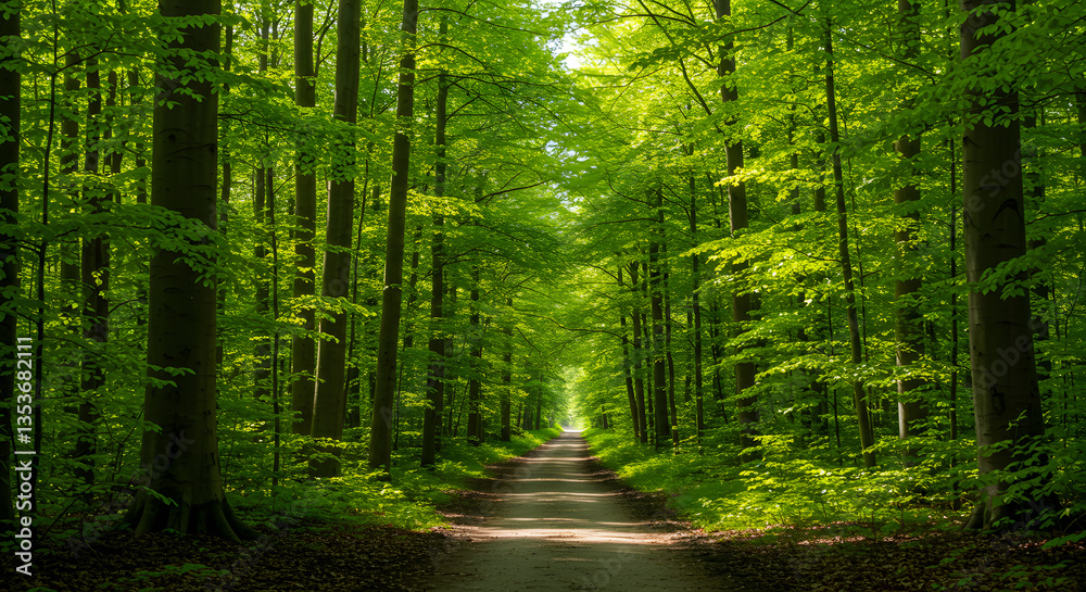 Obraz premium Walkway in a green spring beech forest in Leuven, Belgium. Beautiful natural tunnel. Atmospheric landscape