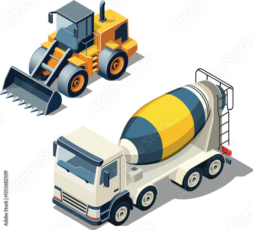 Isometric vector illustration of a bulldozer and concrete mixer truck