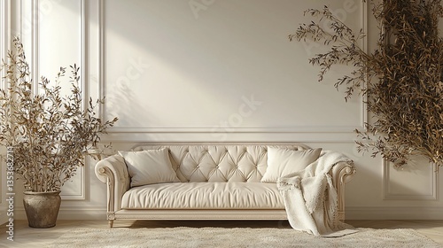 Elegant beige sofa in a classic room interior with dried flowers.
