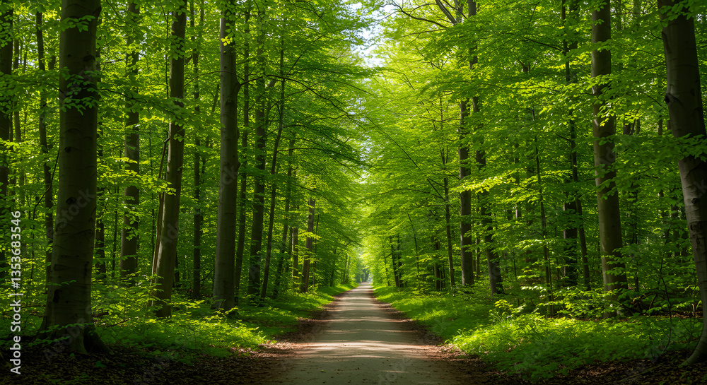 Obraz premium A Natural Tunnel: Green Spring Pathway in Leuven’s Beech Forest