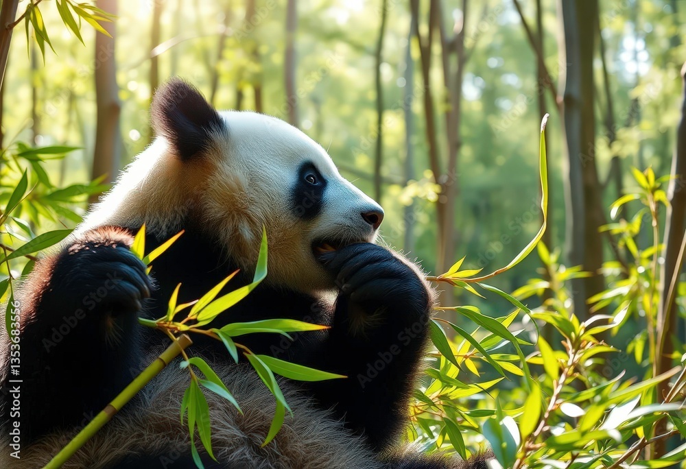 Obraz premium Serene panda peacefully eating bamboo in a sun-dappled forest clearing, bamboo forest, leaves