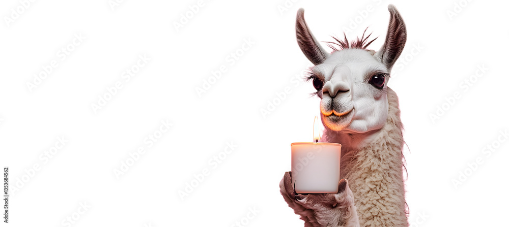 Fototapeta premium llama enjoys a cozy moment lighting an aromatherapy candle on a soft pink background