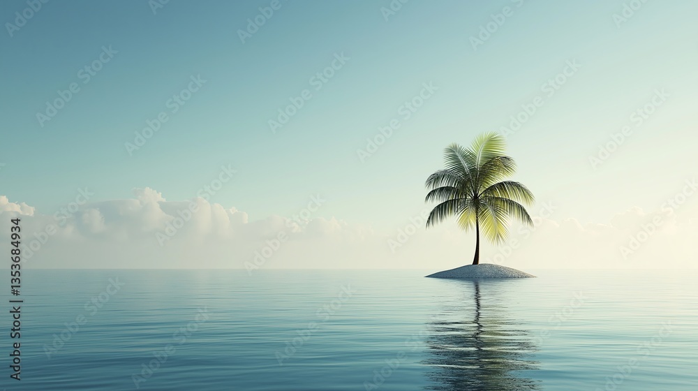 Fototapeta premium A minimalist ocean scene with a lone palm tree on a tiny island