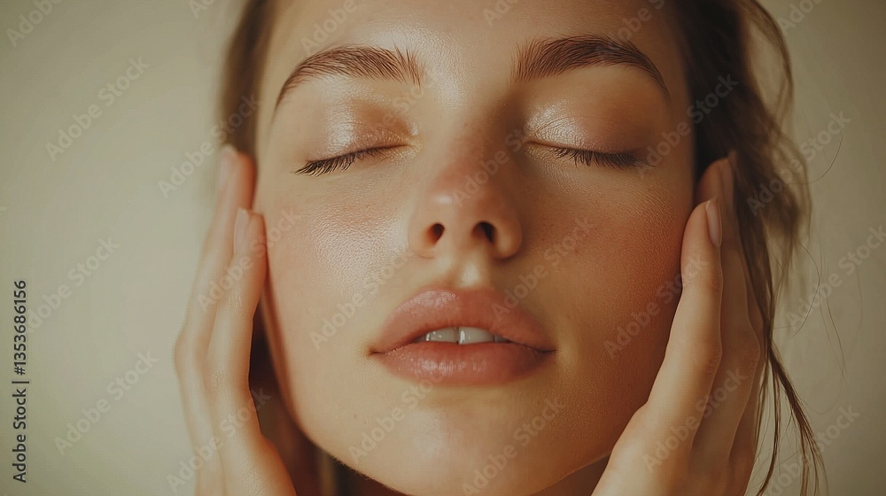 Woman Gently Touching Her Smooth Skin with a Serene Expression Woman Gently Touching Her Smooth Skin with a Serene Expression