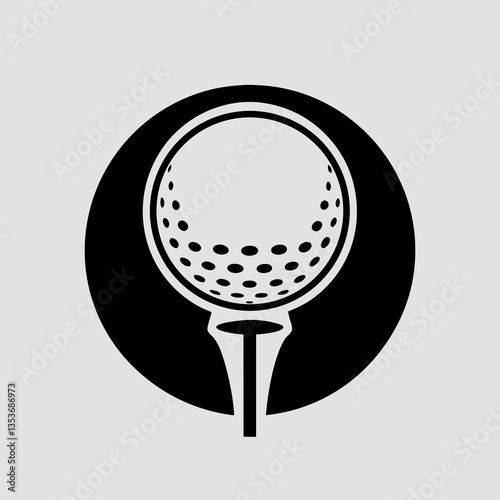 stylized golf ball illustration on tee within bold black circular frame

