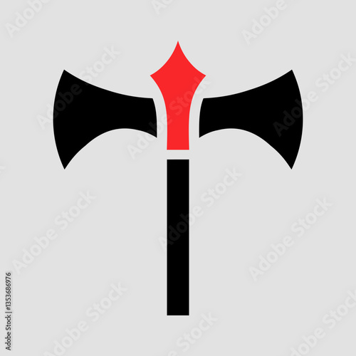 double-headed battle axe with black blades and red diamond-shaped central design
