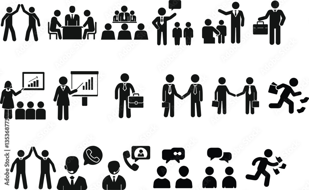 Business and Communication Icons Set – Teamwork, Meetings, and Corporate Symbols Business and Communication Icons Set – Teamwork, Meetings, and Corporate Symbols