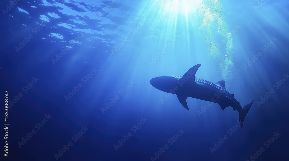 Obraz premium majestic shark gliding through deep blue ocean, illuminated by sunlight filtering from above, creates serene underwater scene