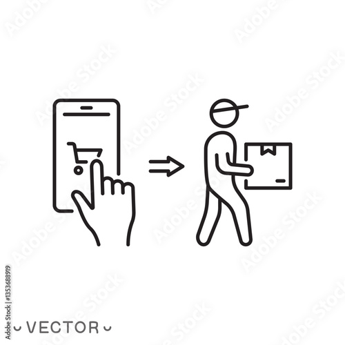 click buy and collect order icon, delivery service steps concept, receive order at pick up point, online store concept, thin line symbol isolated on white background, editable stroke eps 10 vector