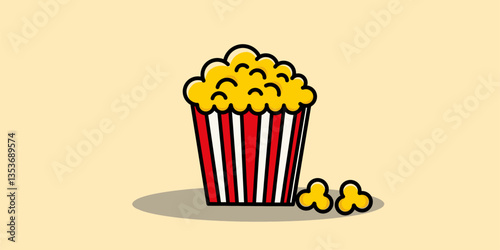 Playful and whimsical illustration of red-and-white striped pattern bucket filled with fluffy popcorn. Perfect for a food-themed design with minimal background.