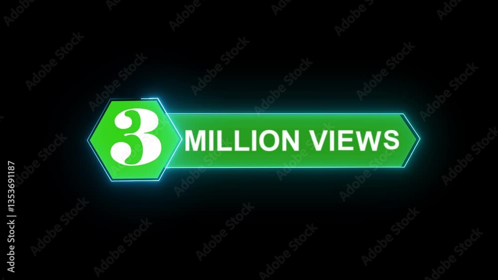 Glowing neon text icon symbol 3 Million views Followers Dynamic Title Animation With Motion Graphic Background. overall design conveys a sense of excitement and achievement, typically associated with Glowing neon text icon symbol 3 Million views Followers Dynamic Title Animation With Motion Graphic Background. overall design conveys a sense of excitement and achievement, typically associated with