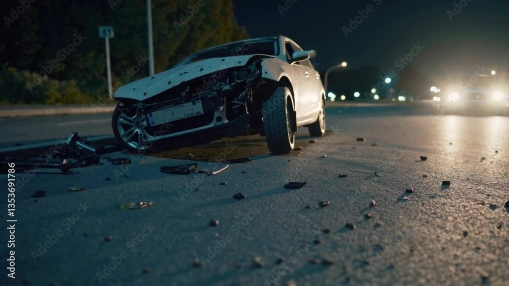 Damaged white car and a destroyed bicycle on a city street at night surrounded by scattered debris showing the aftermath of a serious traffic accident and creating a dramatic and tragic atmosphere