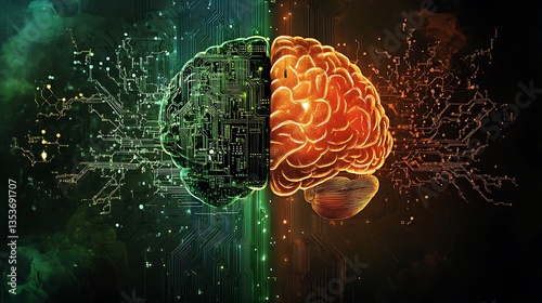 Digital illustration of a brain divided into two halves, one organic and one technological, symbolizing the fusion of nature and technology.