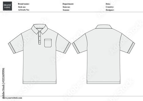 Polo shirt technical fashion Drawing Flat sketch template front and back view. apparel dress design vector illustration mock up Polo tee CAD.


