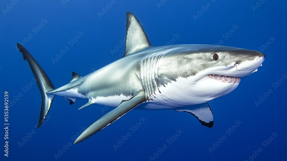 Fototapeta premium Majestic Great White Shark Gliding Beneath Ocean Surface