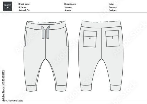 Sweatpants technical drawing template for kids with tech pack details.