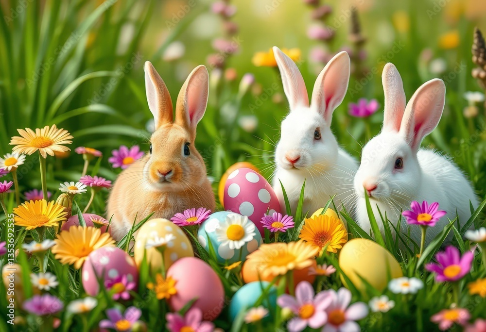 Fototapeta premium Vibrant Easter bunnies amidst blooming flowers, colorful eggs, & lush green grass, meadow, colorful