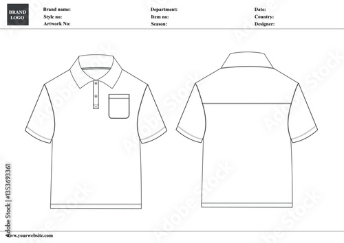 Polo shirt technical fashion Drawing Flat sketch template front and back view. apparel dress design vector illustration mock up Polo tee CAD.

