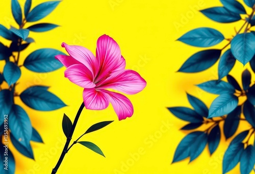 Vibrant pink flower, bold yellow background, graphic pop art style, modern, digital