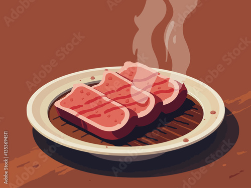  Korea pork bbq food, Grilled Sirloin on a plate, meat slide grill buffet