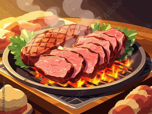  Korea pork bbq food, Grilled Sirloin on a plate, meat slide grill buffet