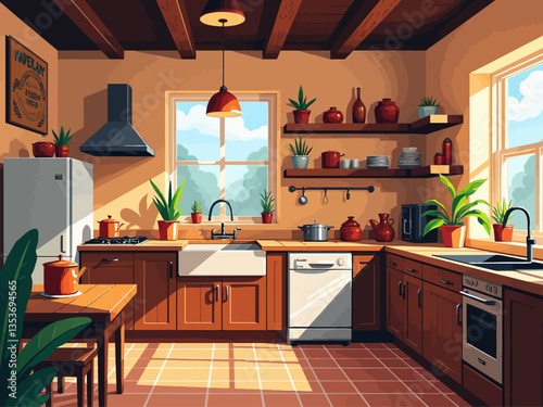 Interior of a cozy kitchen with furniture and appliances 