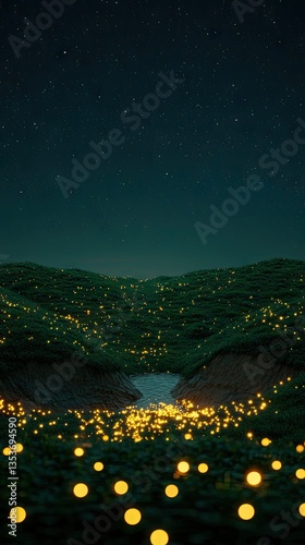 Fireflies glow in night field next to a stream. Use background, wallpaper