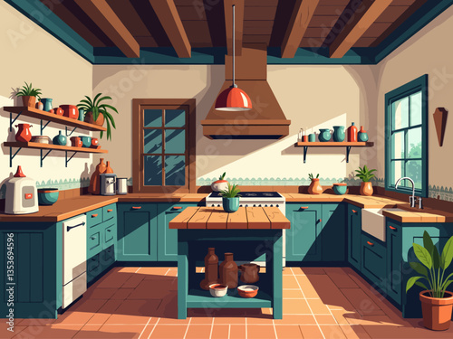 Interior of a cozy kitchen with furniture and appliances 