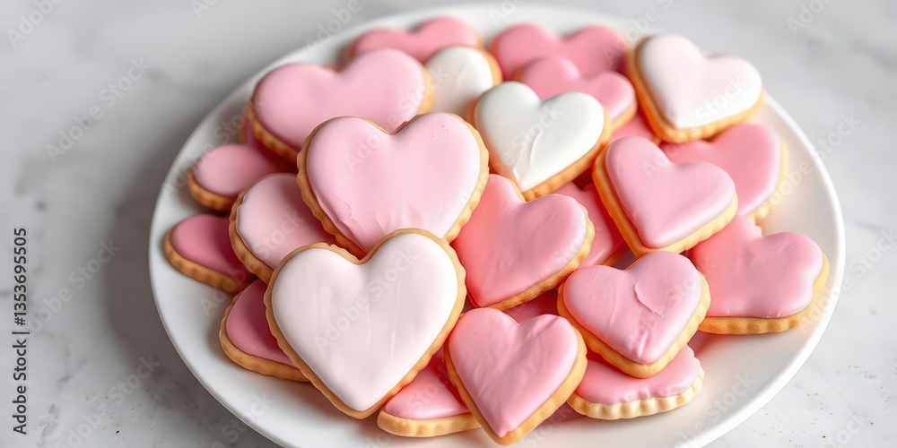 White plate overflowing with pink and white heart-shaped cookies, confectionery, celebration White plate overflowing with pink and white heart-shaped cookies, confectionery, celebration