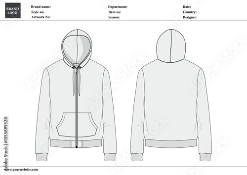 Long sleeve hoodie technical fashion Drawing sketch template front and back with tech pack details