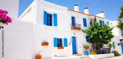 Whitewashed Mediterranean house, vibrant blue shutters, sunny day,  Greece, sky