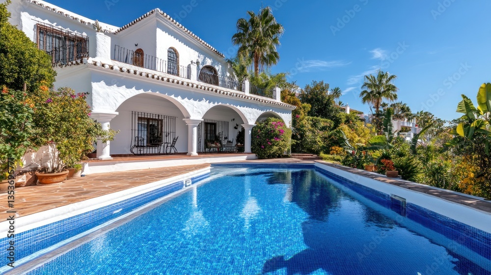 Fototapeta premium Stunning Mediterranean villa with private pool, lush garden and blue sky background