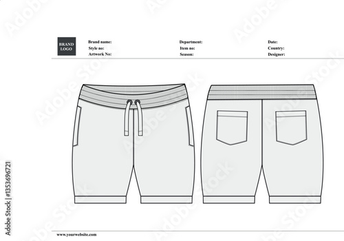 Sweat Shorts pant Technical drawing fashion flat sketch vector Illustration template front and back views.
