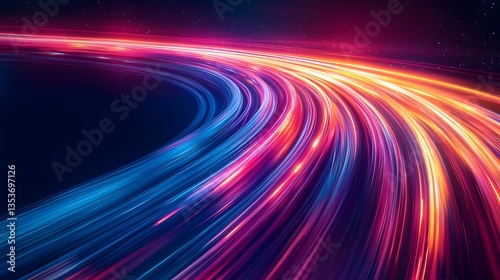 Abstract pastel light trails curve through a dark space resembling a cosmic highway with vibrant pink, blue, and orange streaks representing movement and speed in the universe.