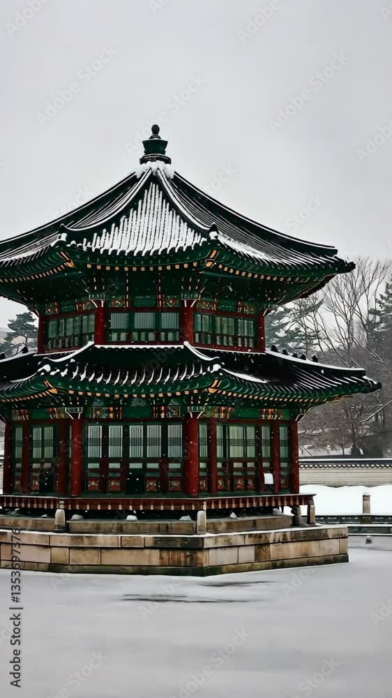 Snow-covered traditional pavilion in winter landscape near a serene body of water Snow-covered traditional pavilion in winter landscape near a serene body of water