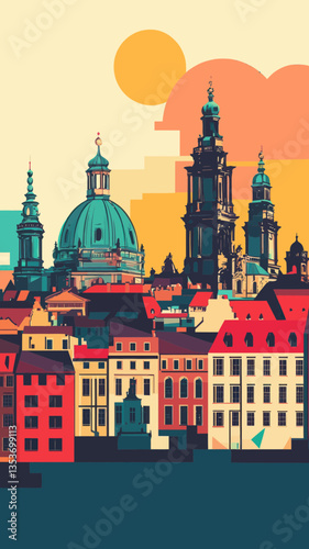 Retro Dresden Cityscape Poster with Abstract Landmark Shapes and Saxony Skyline